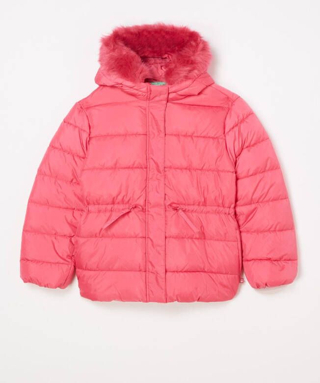 Benetton Gewatteerde jack met capuchon met afneembare imitatiebontkraag