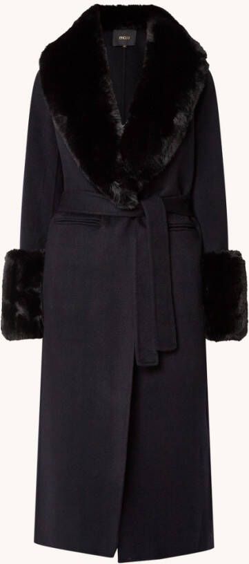 Maje Galaxyra mantel van wol met imitatiebont en strikceintuur