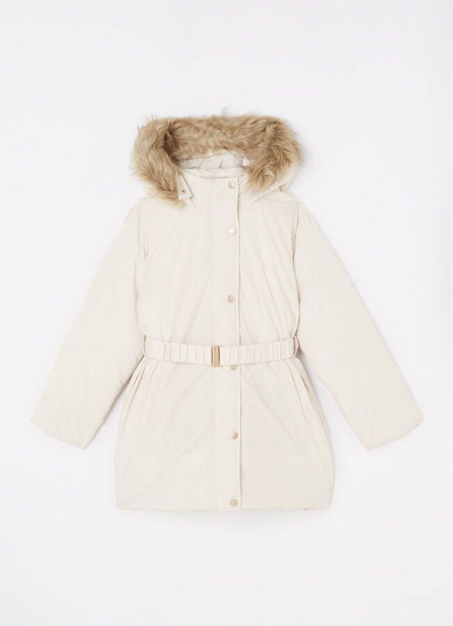 Mango Gio gewatteerde jas met afneembare kraag van imitatiebont en ceintuur