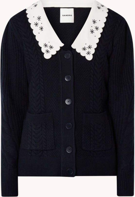 sandro Porcelaine kabelgebreid vest van wol met afneembare kraag