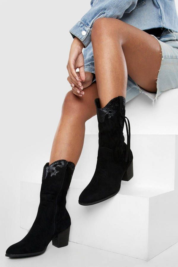 boohoo Geborduurd Cowboylaarzen Met Kwastjes, Black