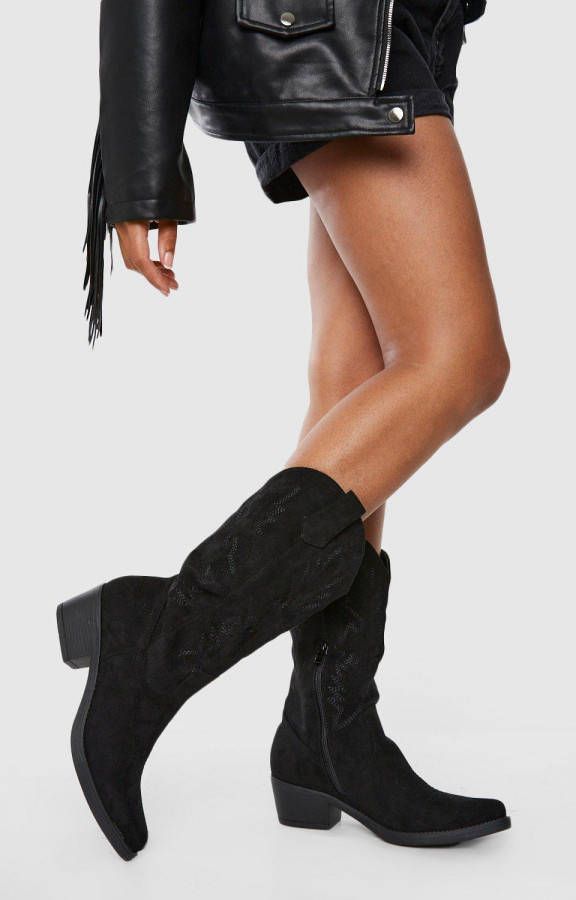 boohoo Geborduurde Cowboy Laarzen, Black