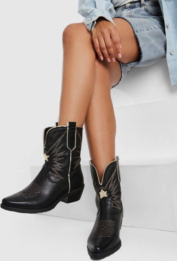 boohoo Geborduurde Cowboylaarzen Met Contrasterende Stiksels, Black