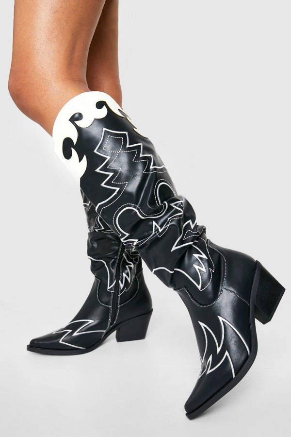 boohoo Geborduurde Cowboylaarzen Met Contrasterende Stiksels, Black