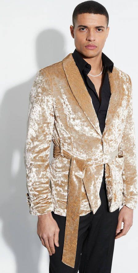 boohoo Geplet Fluwelen Slim Fit Wikkel Blazer Met Ceintuur, Gold