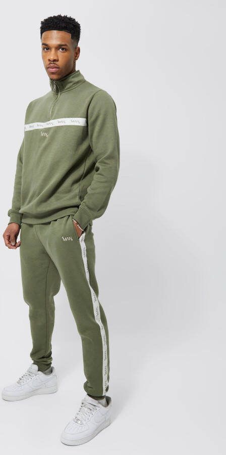 boohoo Gestreept Original Man Trainingspak Met Hoge Kraag, Olive