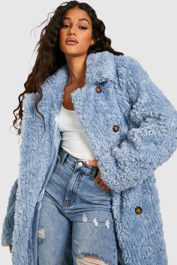 boohoo Getextuurde Faux Fur Jas Met Ceintuur, Blue