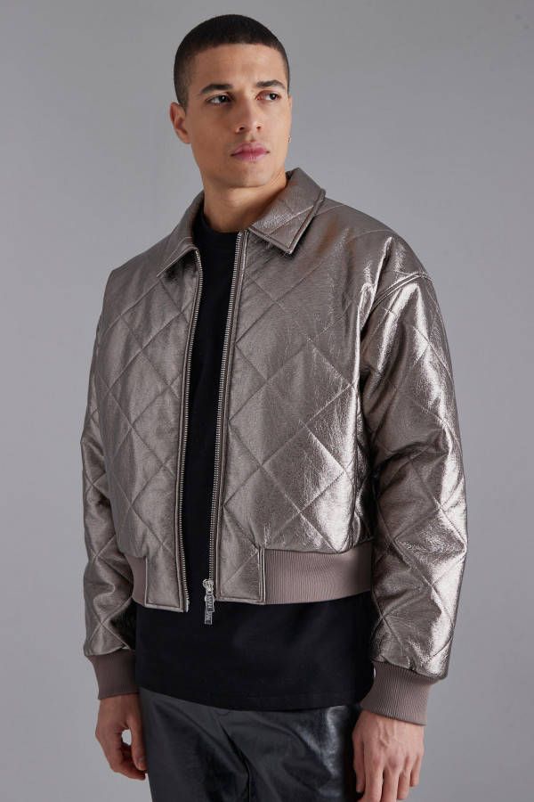 boohoo Gewatteerd Metallic Pu Boxy Bomberjack Met Stiksels, Silver
