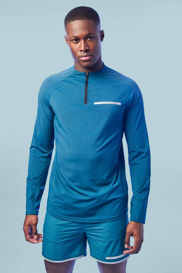 boohoo Man Active Performance Top Met Crewneck En Rits, Teal