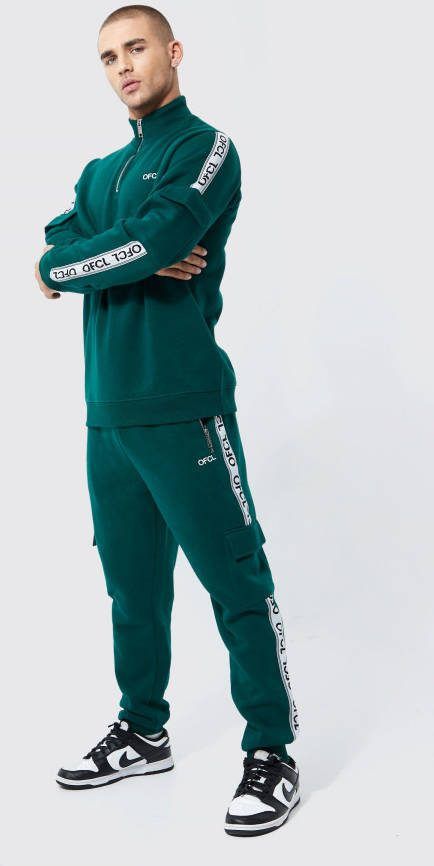 boohoo Man Gestreept Trainingspak Met Rits En Hoge Kraag, Forest