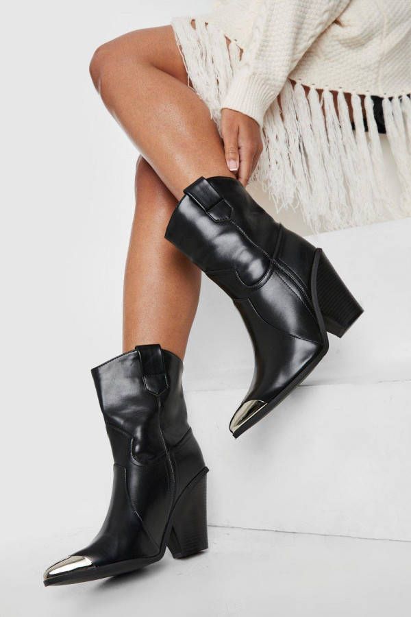 boohoo Metalen Cowboy Laarzen Met Teenkap, Black