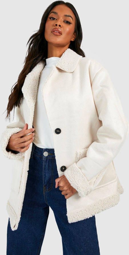 boohoo Nep Suè, de Jas Met Pluizige Zoom, Ivory