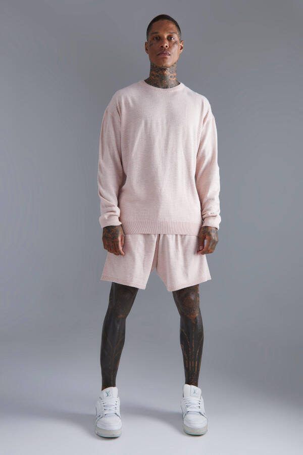 boohoo Oversized Fijn Gebreide Geribbelde Trui En Shorts Set, Pale Pink