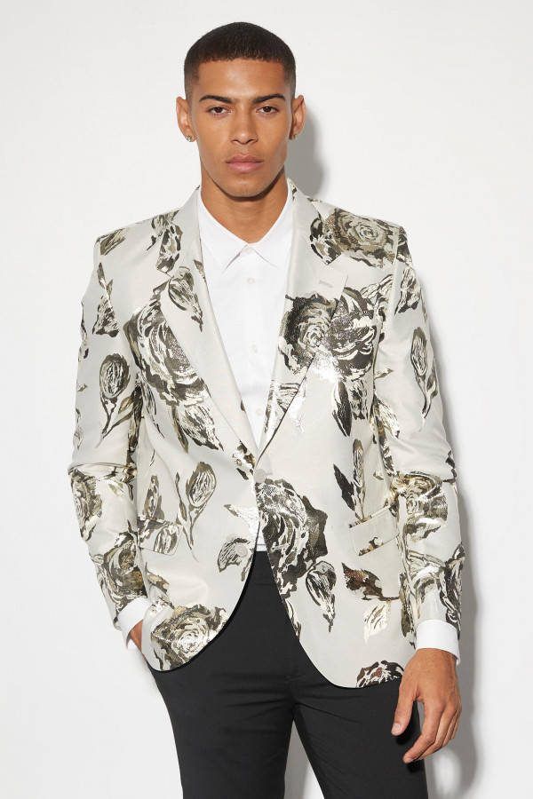 boohoo Oversized Jacquard Boxy Bloemen Blazer, Gold