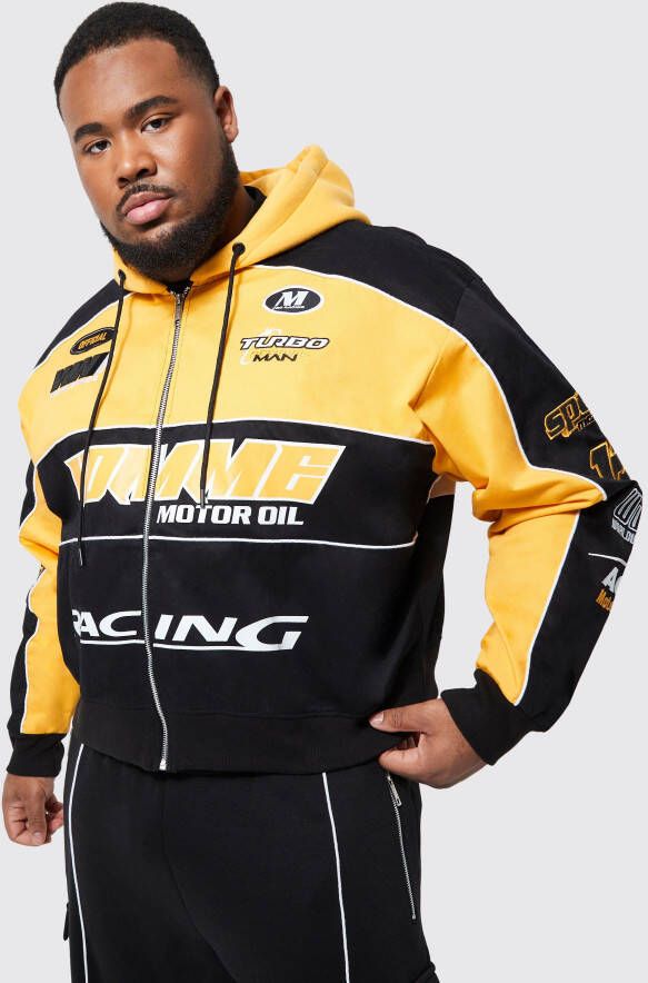 boohoo Plus Boxy Keperstof Moto Jas Met Jersey Capuchon, Yellow