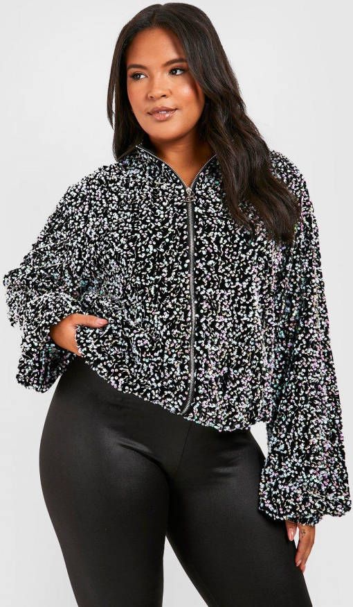 boohoo Plus Fluwelen Glitter Bomberjack Met Pailletten, Silver