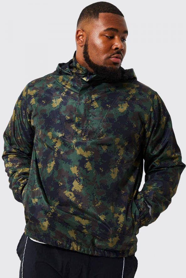boohoo Plus Overhead Soft Shell Camouflage Print Windbreaker, Khaki