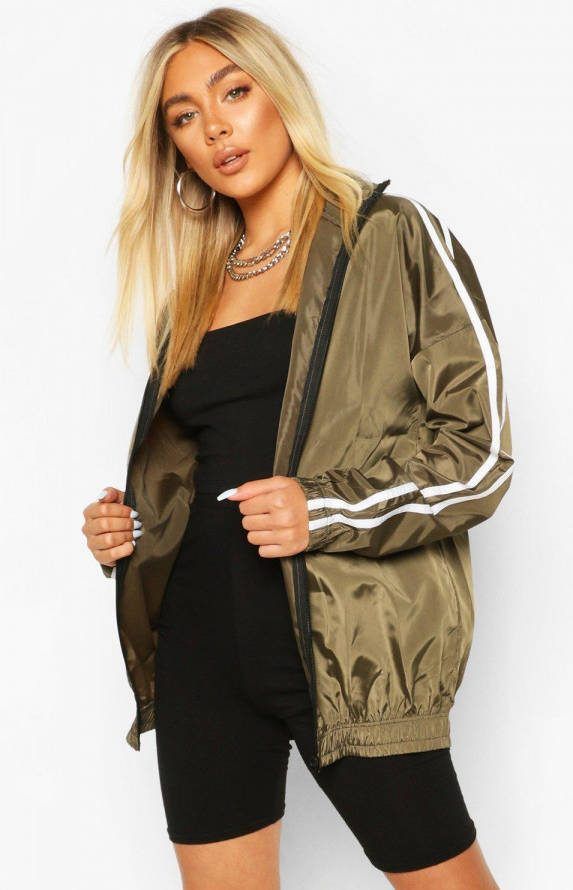 boohoo Regenjack Met Zijstreep, Kaki