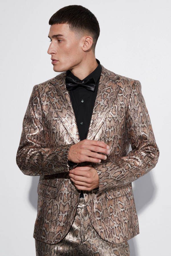 boohoo Slangenprint Glitter Slim Fit Colbert Met Pailletten, Gold