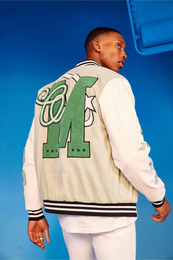 boohoo Varsity Jacket Met Cursieve M Rugopdruk, Mint
