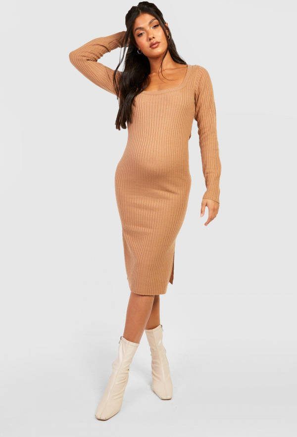 boohoo Zwangerschap Gebreide Midi Jurk Met Split, Taupe