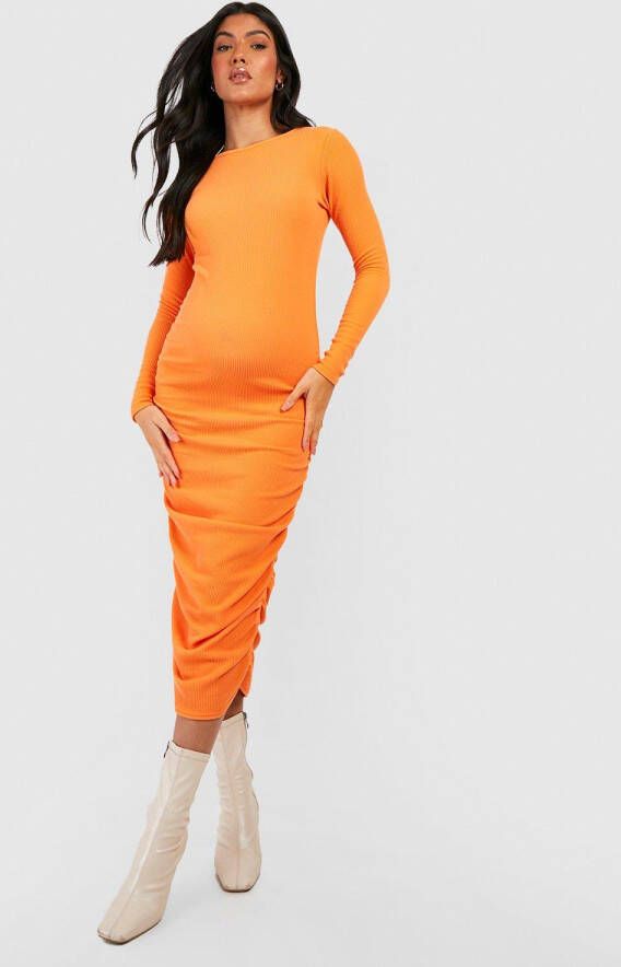 boohoo Zwangerschap Gekreukelde Geribbelde Geplooide Midi Jurk, Orange