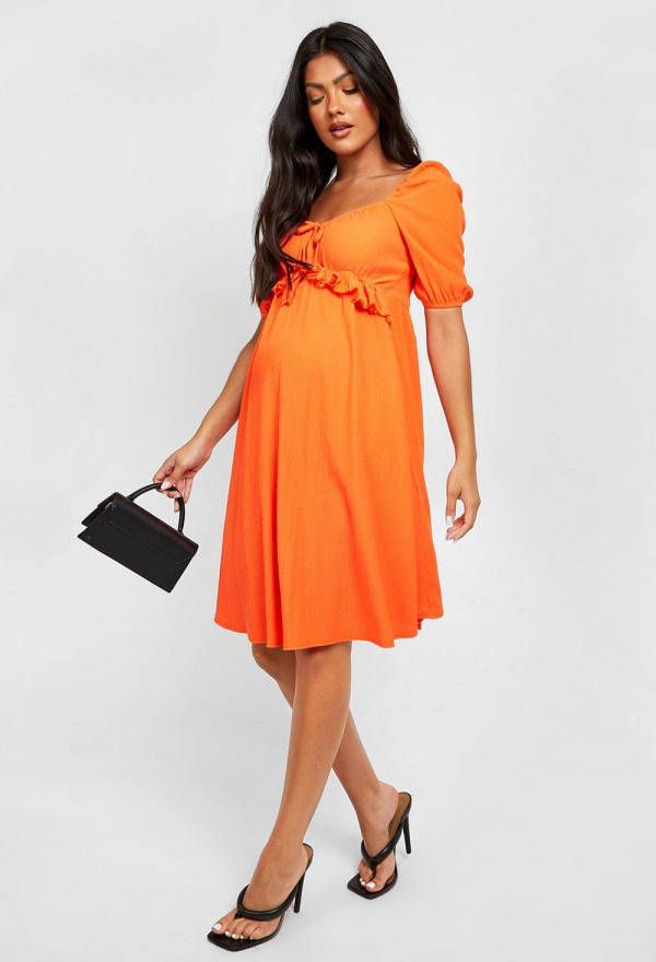 boohoo Zwangerschap Gekreukelde Gesmokte Jurk Met Ruches, Orange