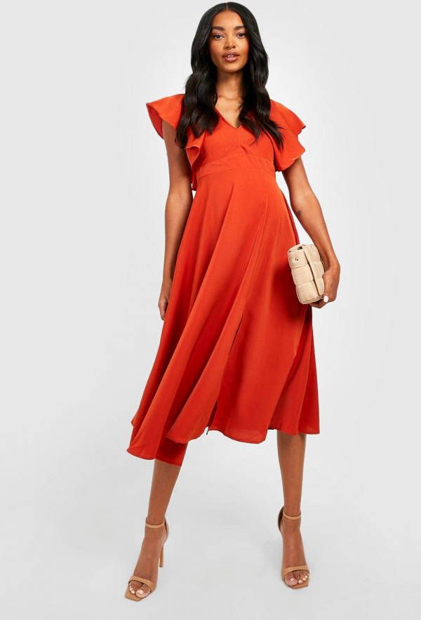 boohoo Zwangerschap Gelegenheids Midi Jurk Met Rug Strik En Franjes, Burnt Orange