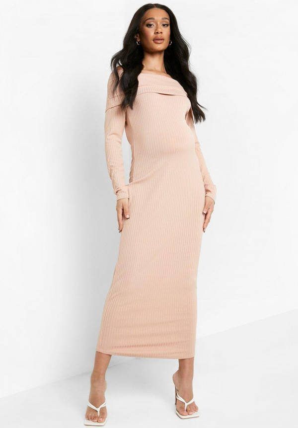 boohoo Zwangerschap Geribbelde Overlay Midaxi Jurk Met Uitgesneden Hals, Mocha