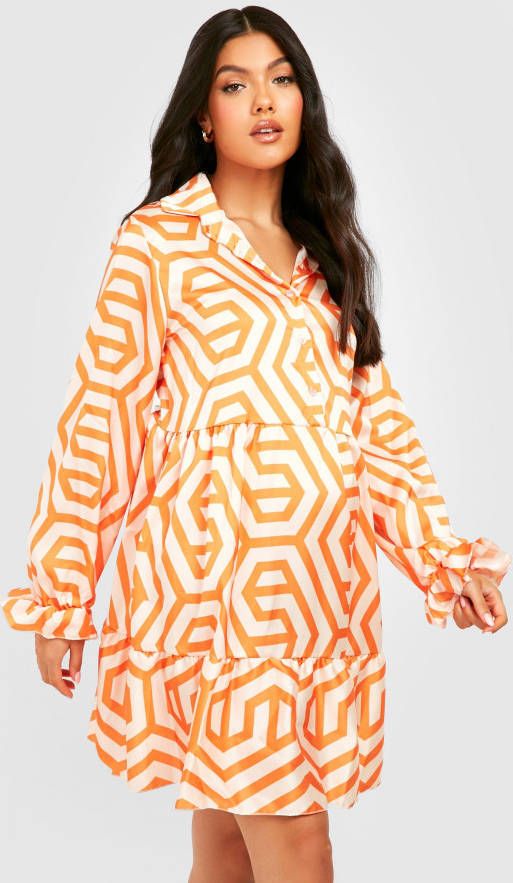 boohoo Zwangerschap Gesmokte Geo Print Jurk Met Laagjes, Orange