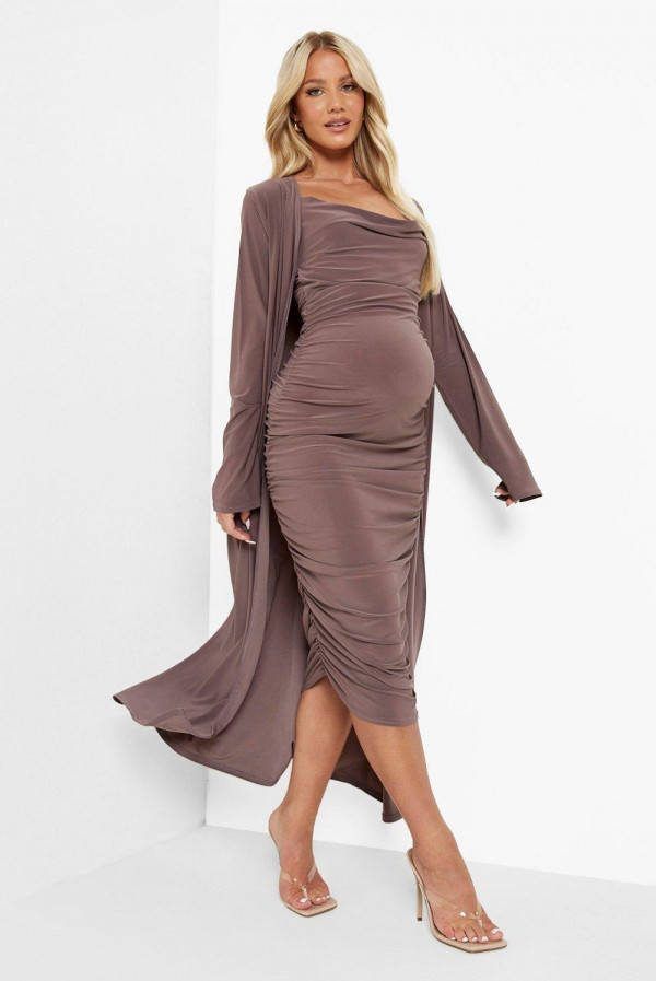 boohoo Zwangerschap Jurk Met Bandjes En Waterval Hals En Duster Jas, Mocha