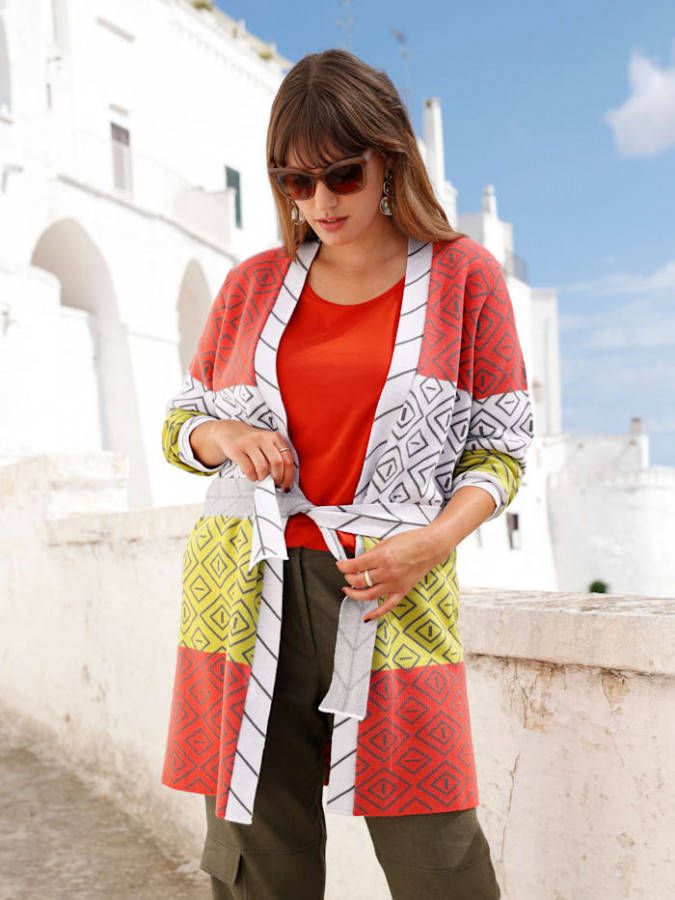 MIAMODA Vest met bindceintuur Oranje/Geel/Bordeaux/Wit