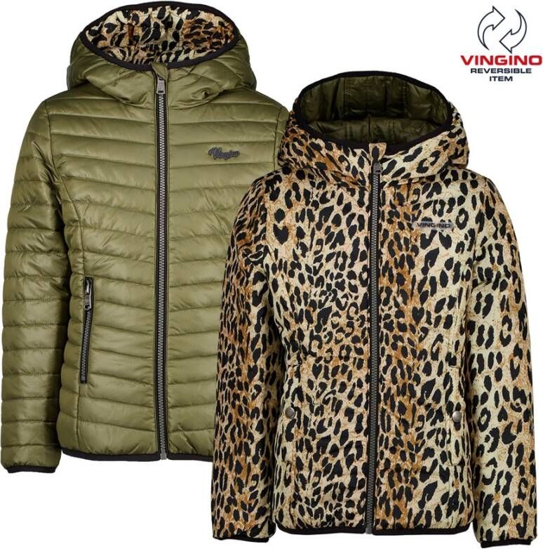 Vingino reversible imitatiebont winterjas Tajra met panterprint bruin/groen/zwart
