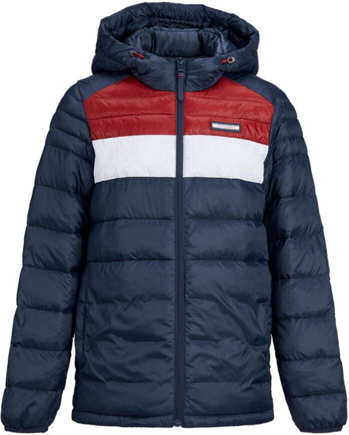 JACK & JONES JUNIOR gewatteerde tussenjas JJEACE donkerblauw/rood/wit