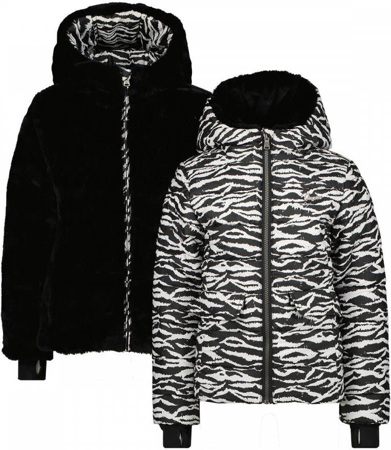 Vingino reversible gewatteerde imitatiebont winterjas Tilmira met dierenprint zwart/wit