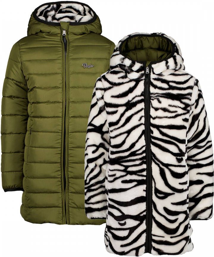 Vingino reversible imitatiebont winterjas Tara met zebraprint legergroen