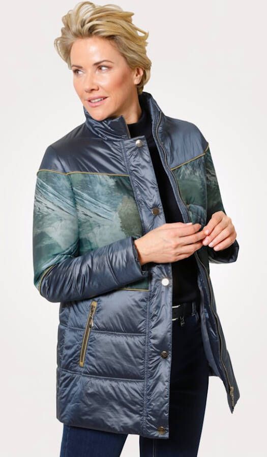 MONA Doorgestikte jas met contrastpaspels Rookblauw/Groen/Mosterdgeel