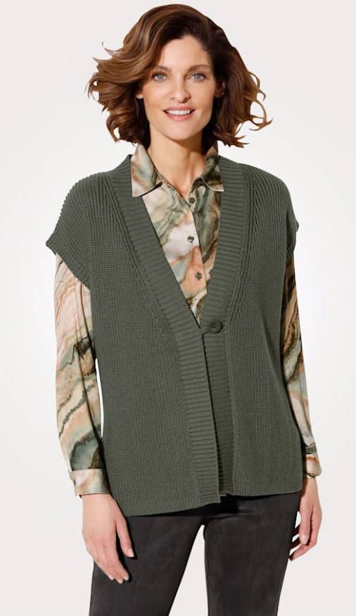 MONA Gebreid vest met aangebreide mouwen Olijf