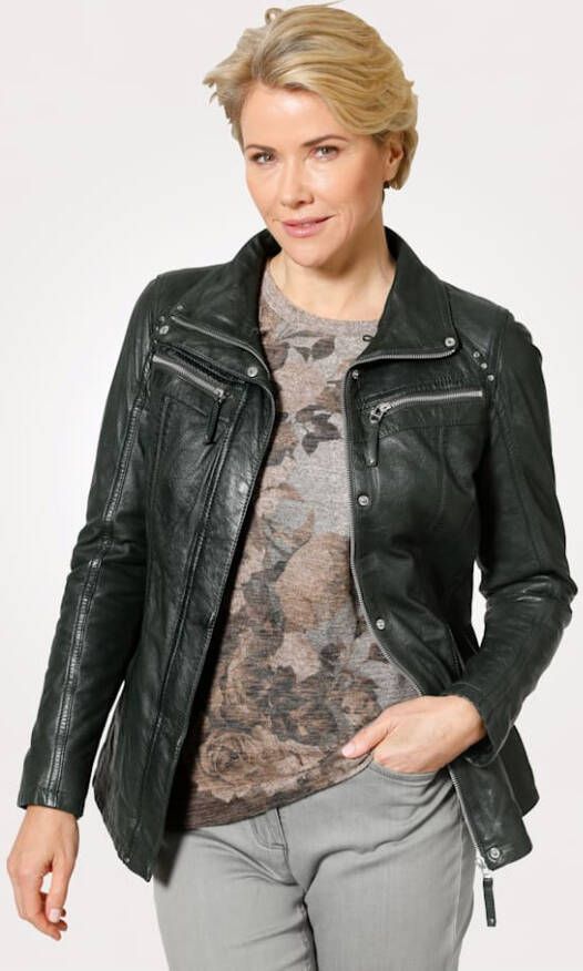 MONA Leren jas van echt lamsnappa Dennengroen