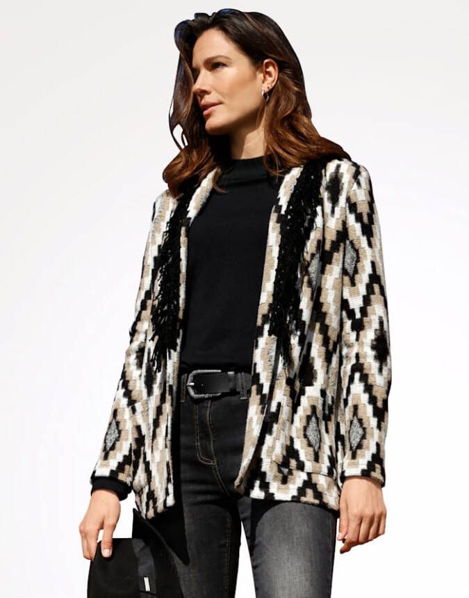 MONA Vest met decoratieve franjes Camel/Grijs/Zwart