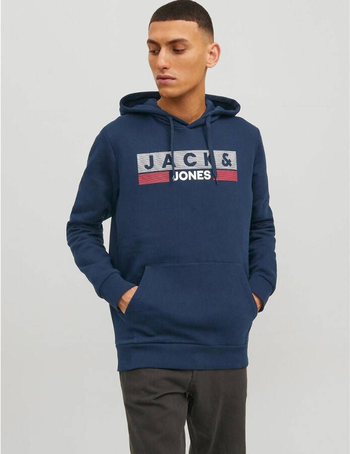 JACK & JONES ESSENTIALS hoodie JJECORP met logo marine/wit