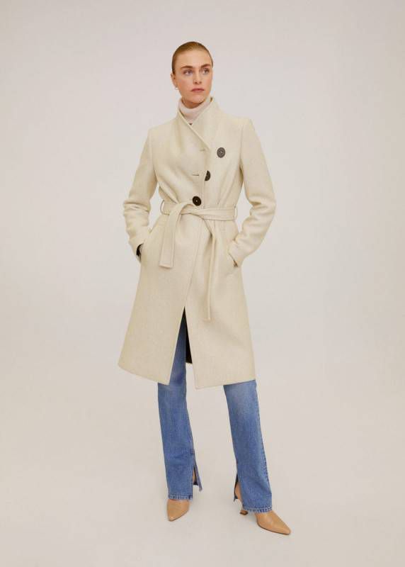 Gestructureerde wollen jas Jassenshoponline.nl Mango wollen coat met ceintuur brique Jassenshoponline.nl