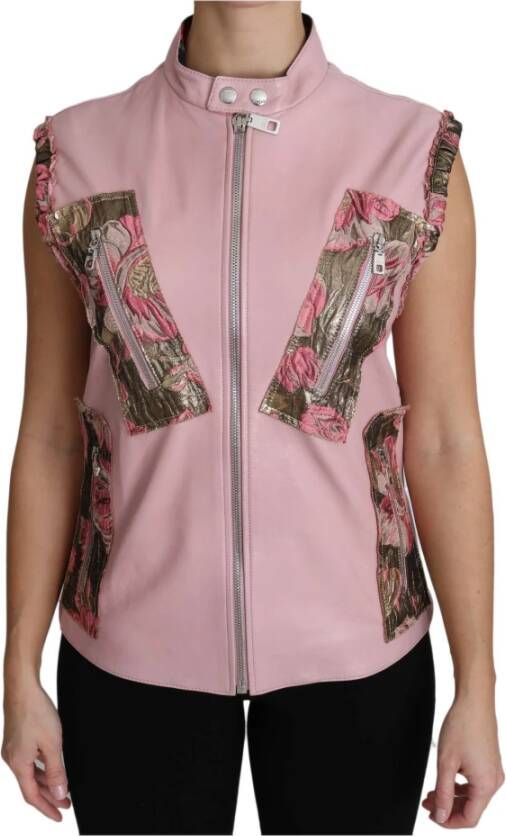 Dolce & Gabbana Lamsleerloos lederen vest met ritssluiting , Roze, Dames