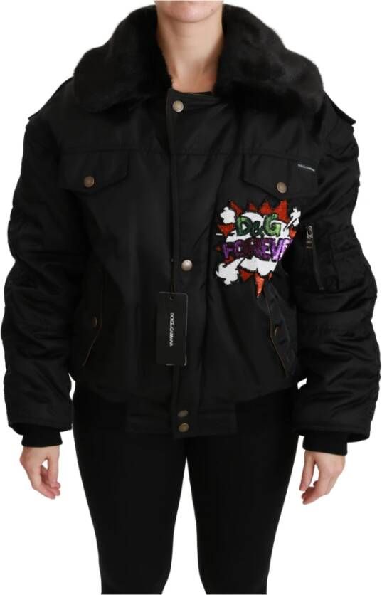 Dolce & Gabbana Queen Crown lovertjes bomberjack , Zwart, Dames