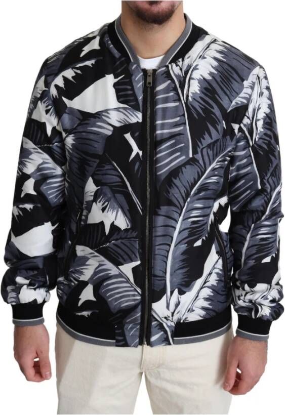 Dolce & Gabbana Black Silk Banana Leaf Print Bomber Jacket , Zwart, Heren