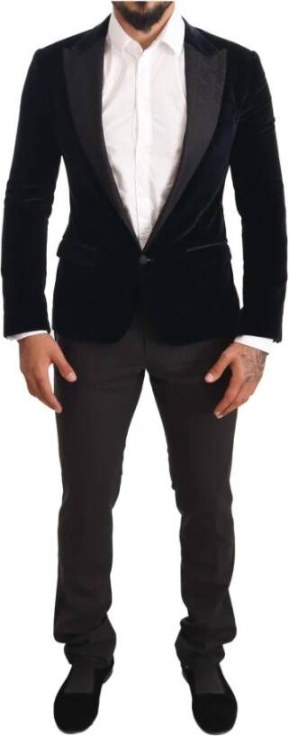 Dolce & Gabbana Blue Velvet Cotton Slim Fit Smoking Suit , Blauw, Heren
