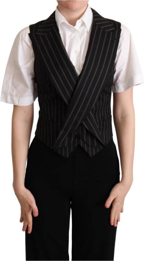 Dolce & Gabbana Black Striped Leopard Print Waistcoat Vest Top , Zwart, Dames