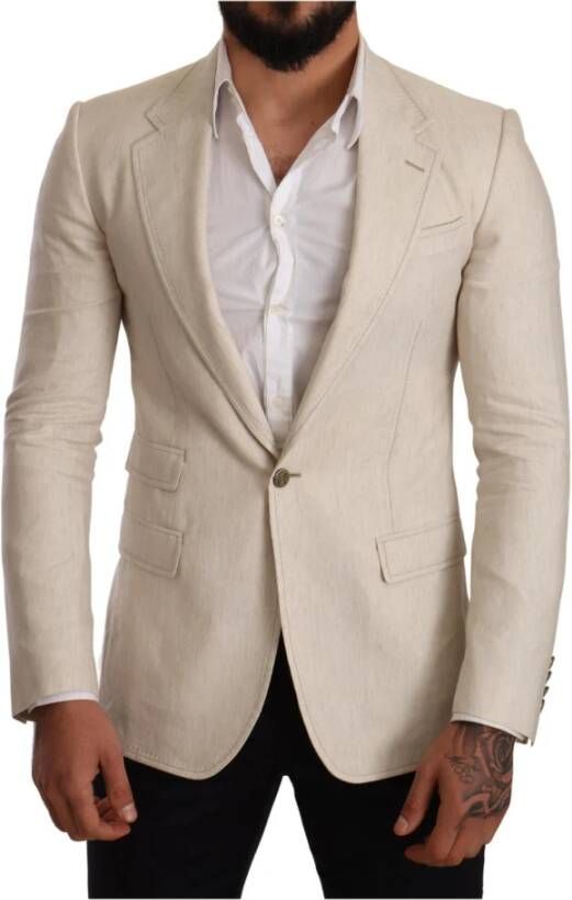 Dolce & Gabbana Beige Linen Silk Slim Coat Taormina Blazer , Beige, Heren