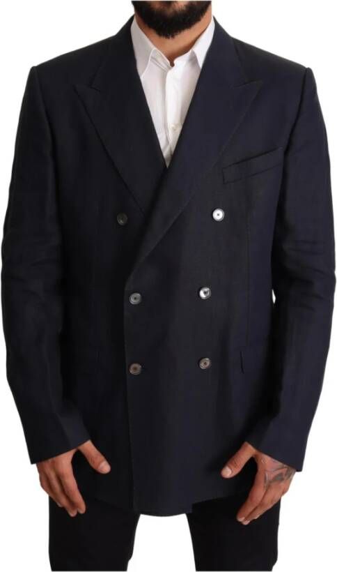 Dolce & Gabbana Blue Linen Taormina Jacket Coat Blazer , Blauw, Heren