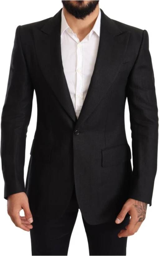 Dolce & Gabbana Black Linen Slim Fit Coat Jacket Blazer , Zwart, Heren